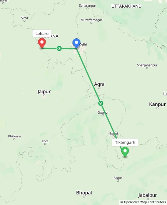 Route map showing distance and travel time from Tikamgarh, India to Loharu, India