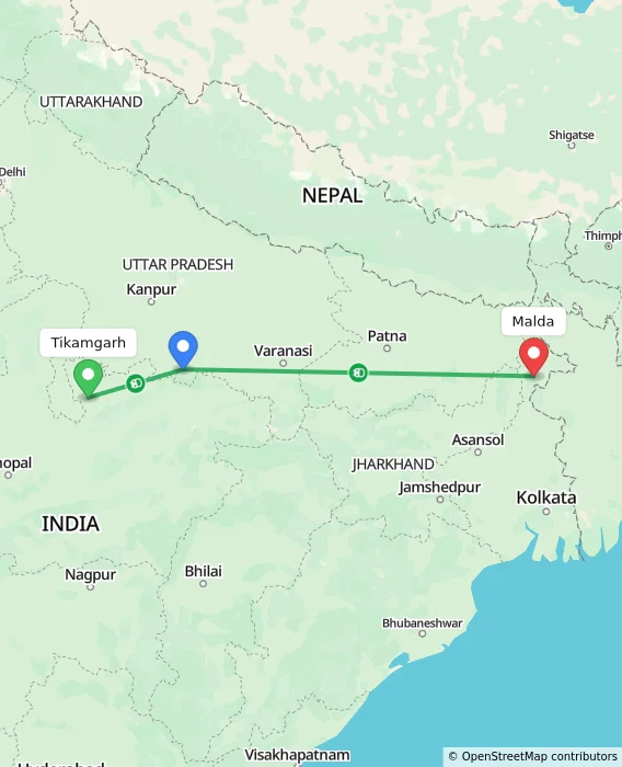 Route map showing distance and travel time from Tikamgarh, India to Malda, India