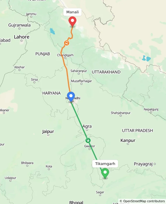 Route map showing distance and travel time from Tikamgarh, India to Manali, India