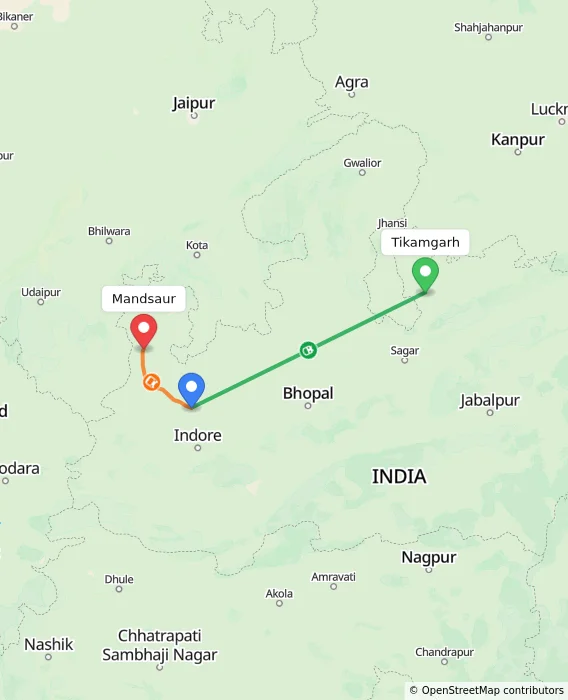 Route map showing distance and travel time from Tikamgarh, India to Mandsaur, India