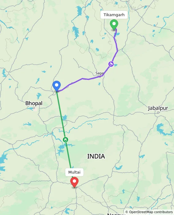 Route map showing distance and travel time from Tikamgarh, India to Multai, India