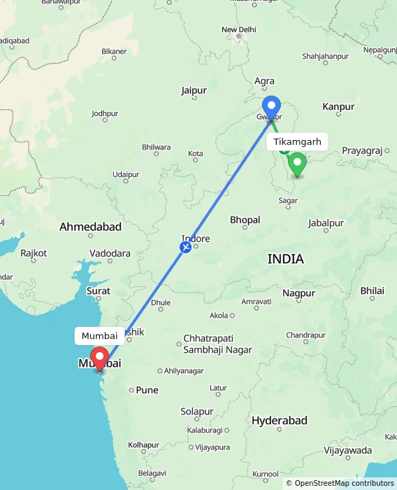 Route map showing distance and travel time from Tikamgarh, India to Mumbai, India
