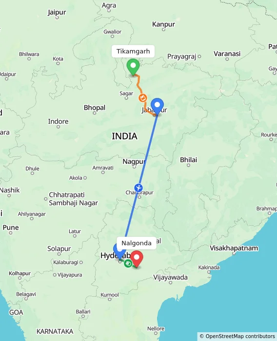 Route map showing distance and travel time from Tikamgarh, India to Nalgonda, India