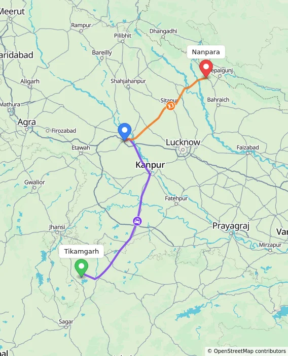 Route map showing distance and travel time from Tikamgarh, India to Nanpara, India