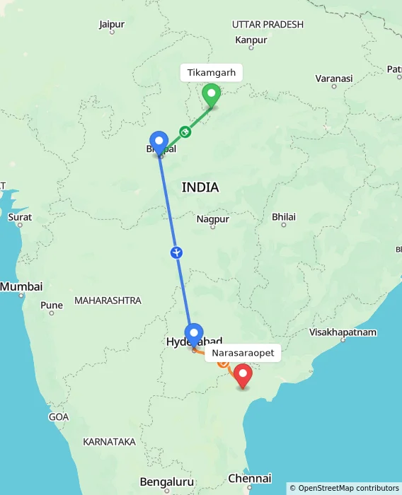 Route map showing distance and travel time from Tikamgarh, India to Narasaraopet, India