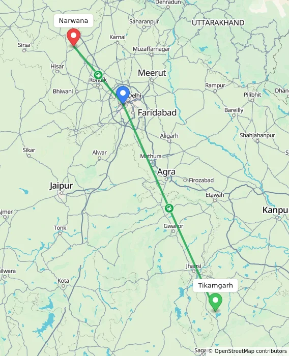 Route map showing distance and travel time from Tikamgarh, India to Narwana, India