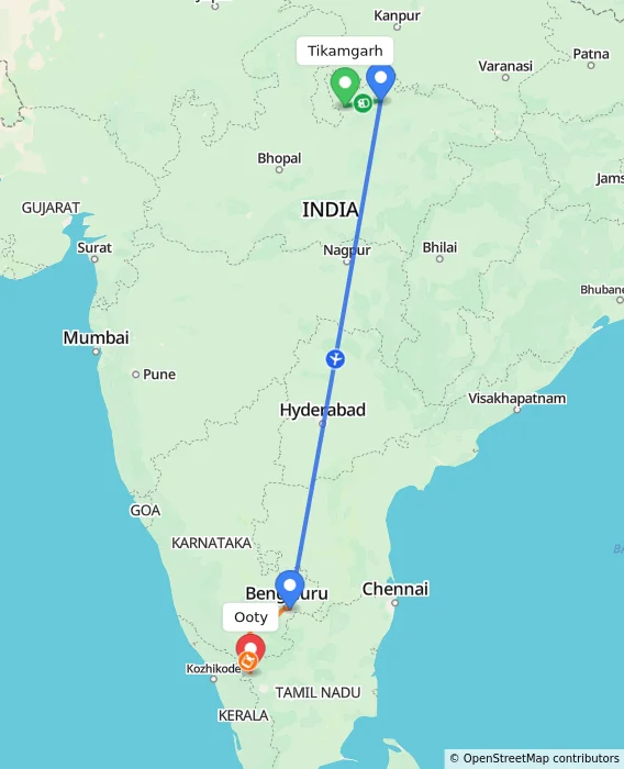 Route map showing distance and travel time from Tikamgarh, India to Ooty, India