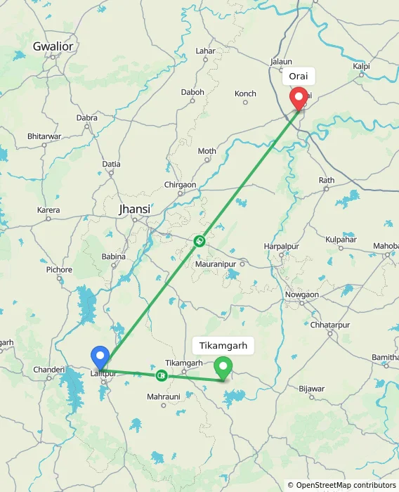 Route map showing distance and travel time from Tikamgarh, India to Orai, India