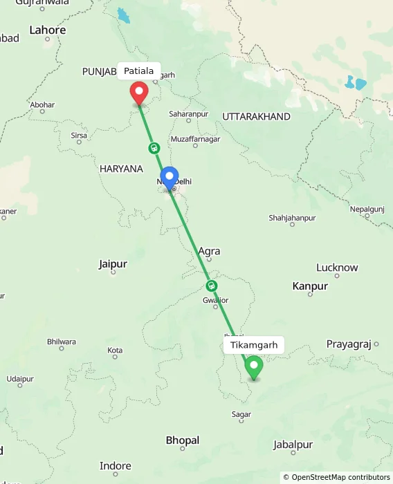 Route map showing distance and travel time from Tikamgarh, India to Patiala, India