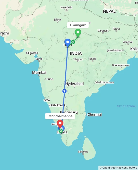 Route map showing distance and travel time from Tikamgarh, India to Perinthalmanna, India