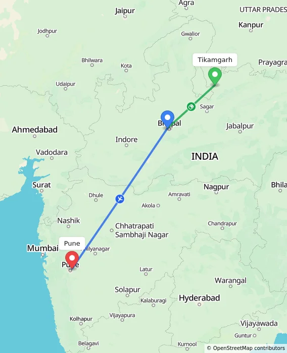 Route map showing distance and travel time from Tikamgarh, India to Pune, India