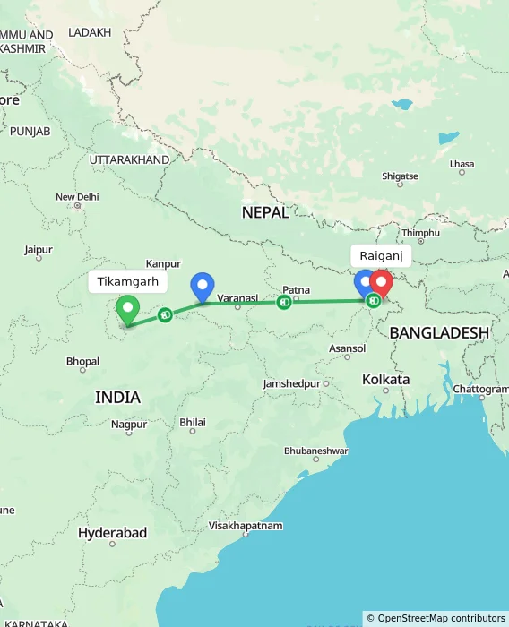 Route map showing distance and travel time from Tikamgarh, India to Raiganj, India