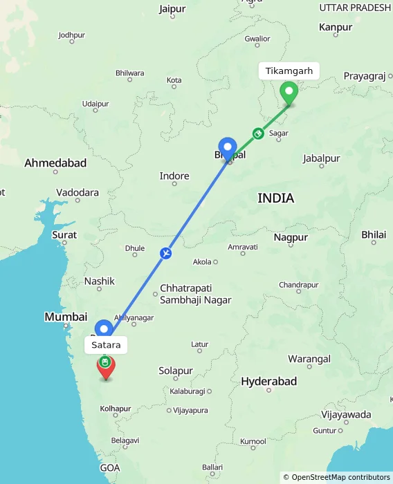 Route map showing distance and travel time from Tikamgarh, India to Satara, India