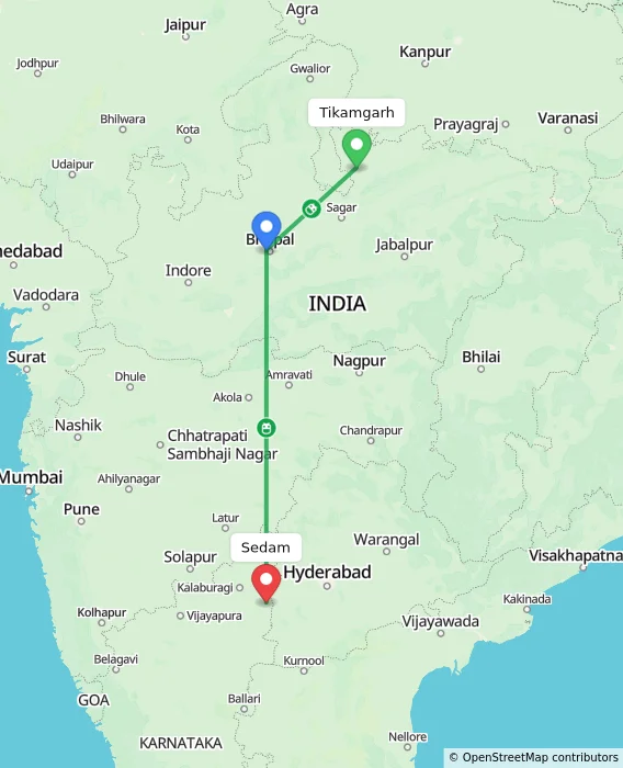 Route map showing distance and travel time from Tikamgarh, India to Sedam, India