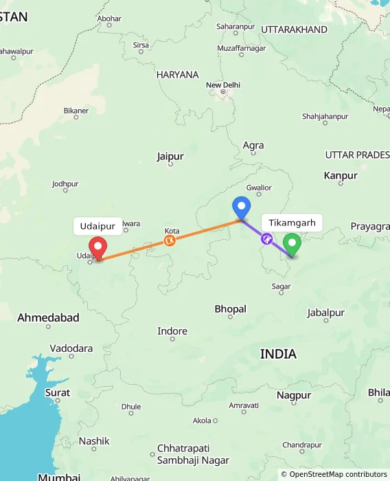 Route map showing distance and travel time from Tikamgarh, India to Udaipur, India
