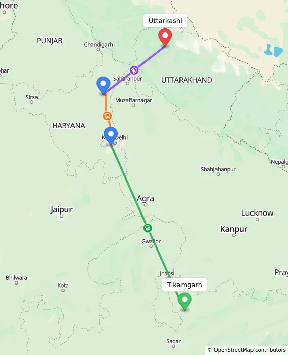 Route map showing distance and travel time from Tikamgarh, India to Uttarkashi, India