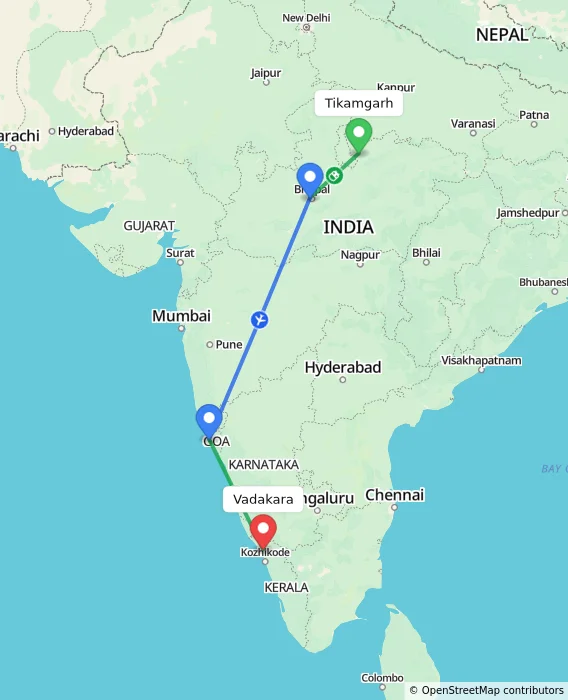 Route map showing distance and travel time from Tikamgarh, India to Vadakara, India