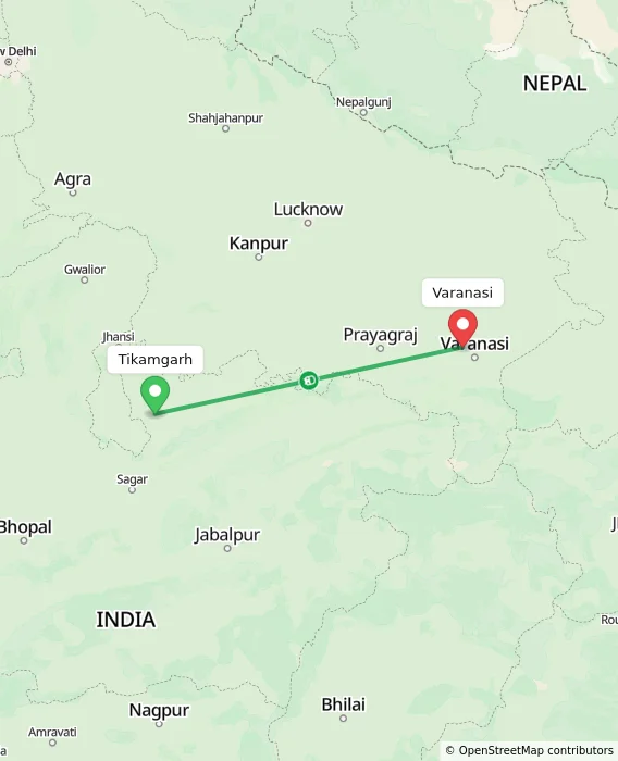 Route map showing distance and travel time from Tikamgarh, India to Varanasi, India