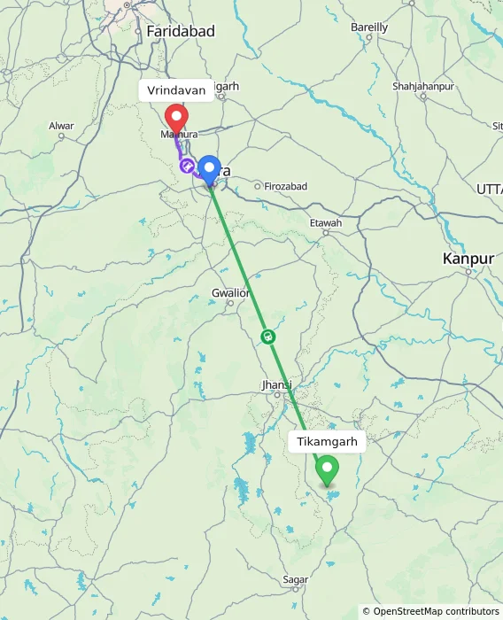 Route map showing distance and travel time from Tikamgarh, India to Vrindavan, India