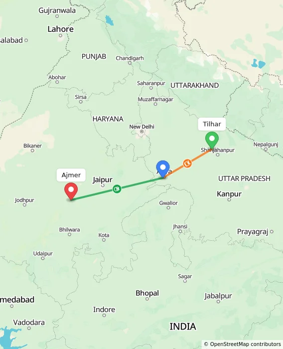 Route map showing distance and travel time from Tilhar, India to Ajmer, India