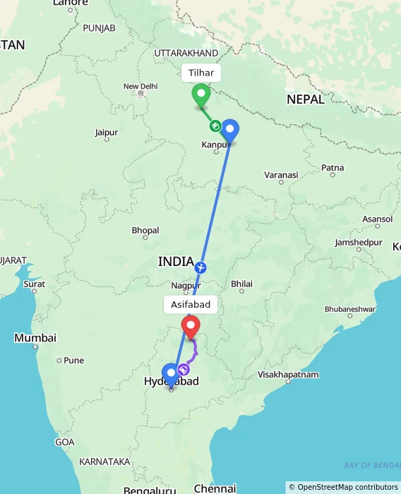Route map showing distance and travel time from Tilhar, India to Asifabad, India