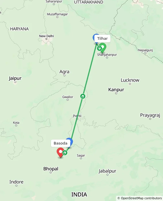 Route map showing distance and travel time from Tilhar, India to Basoda, India