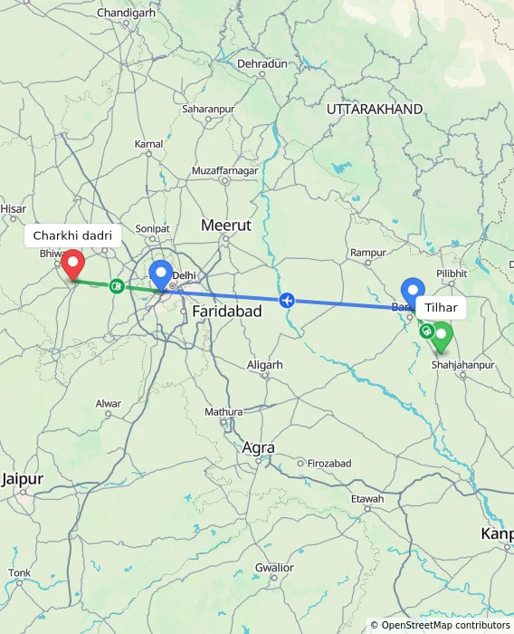 Route map showing distance and travel time from Tilhar, India to Charkhi dadri, India