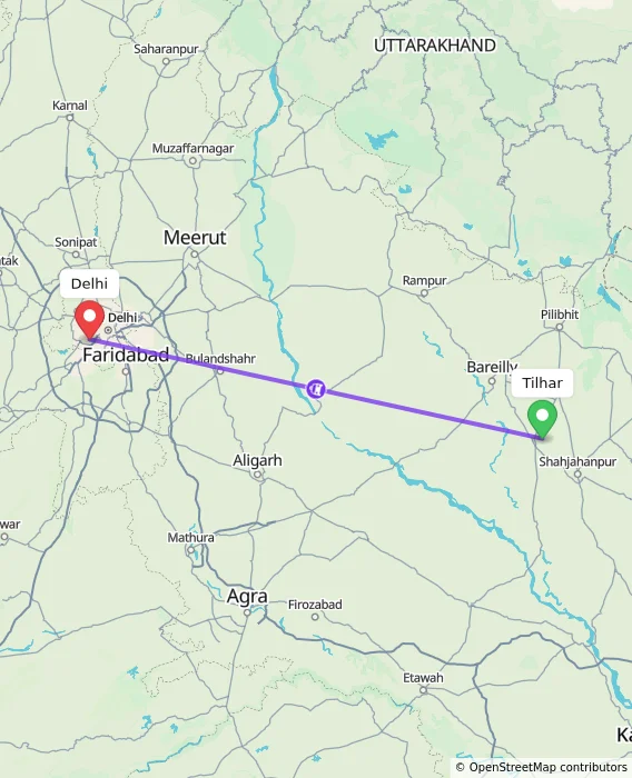 Route map showing distance and travel time from Tilhar, India to Delhi, India