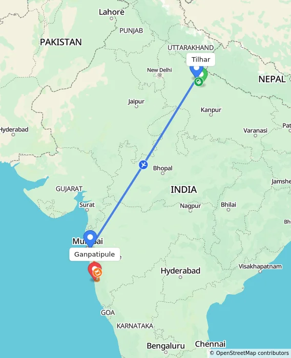 Route map showing distance and travel time from Tilhar, India to Ganpatipule, India