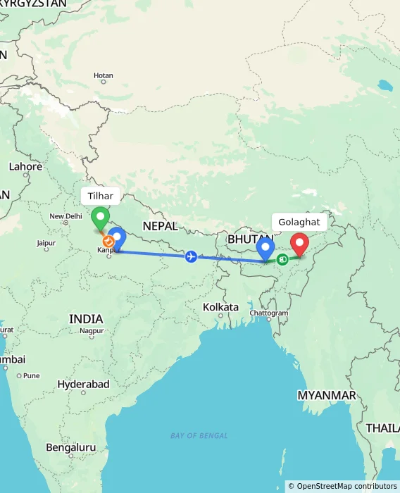 Route map showing distance and travel time from Tilhar, India to Golaghat, India