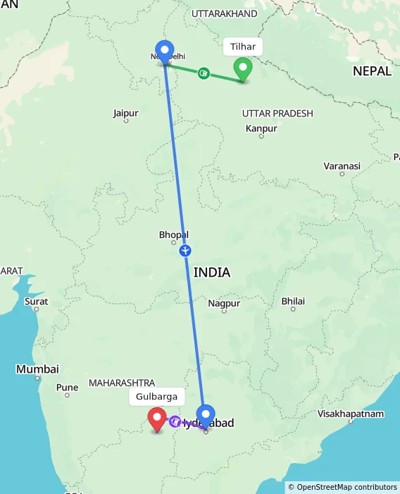 Route map showing distance and travel time from Tilhar, India to Gulbarga, India
