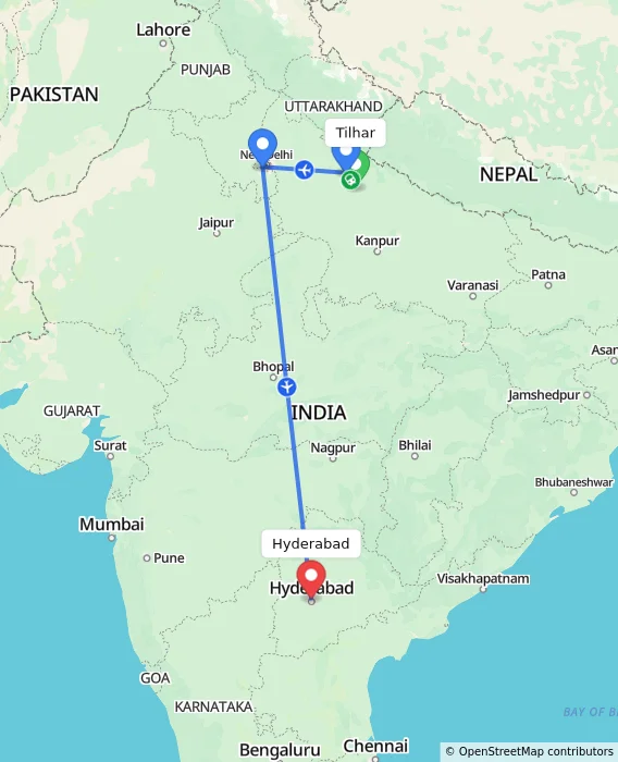 Route map showing distance and travel time from Tilhar, India to Hyderabad, India