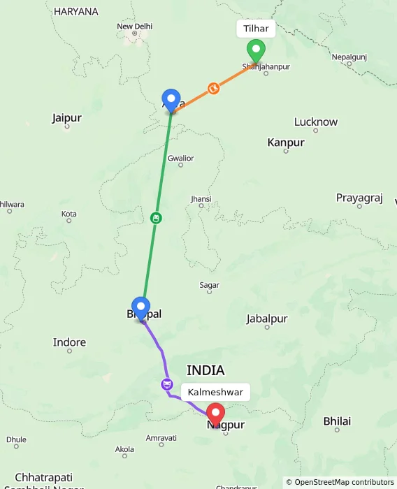 Route map showing distance and travel time from Tilhar, India to Kalmeshwar, India