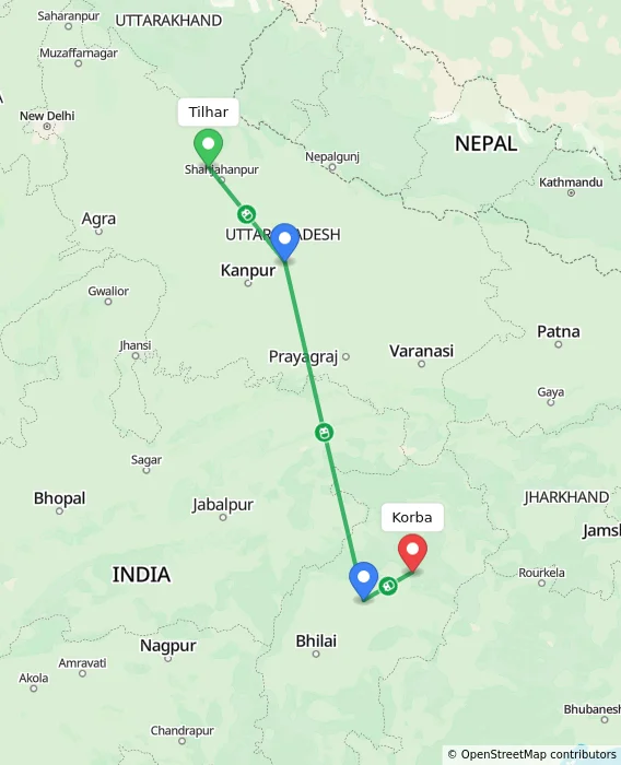 Route map showing distance and travel time from Tilhar, India to Korba, India