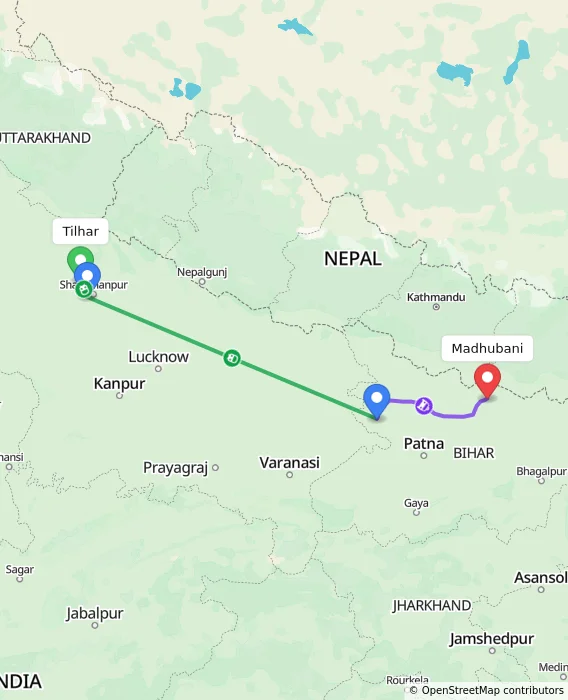 Route map showing distance and travel time from Tilhar, India to Madhubani, India