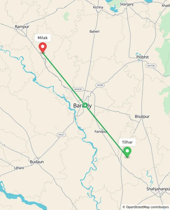 Route map showing distance and travel time from Tilhar, India to Milak, India