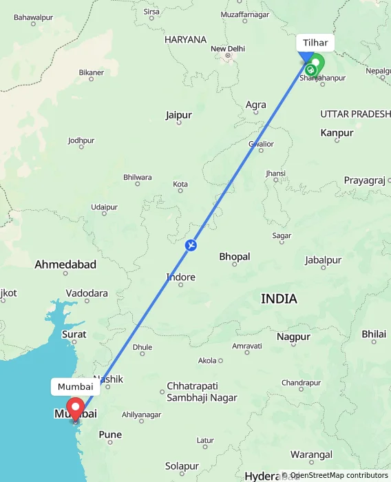 Route map showing distance and travel time from Tilhar, India to Mumbai, India
