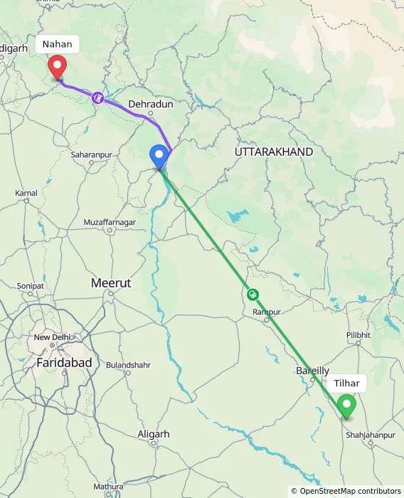 Route map showing distance and travel time from Tilhar, India to Nahan, India