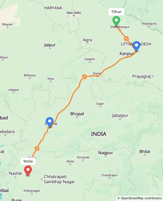 Route map showing distance and travel time from Tilhar, India to Yeola, India