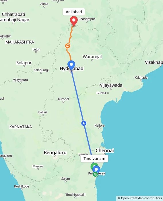 Route map showing distance and travel time from Tindivanam, India to Adilabad, India