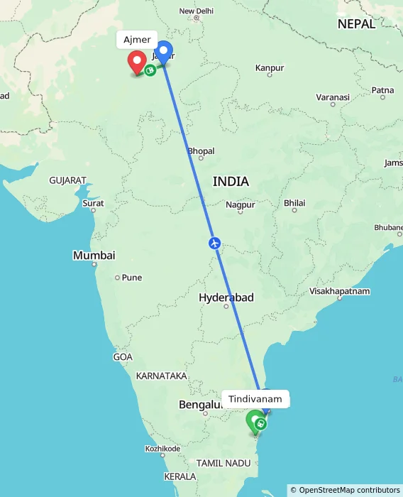 Route map showing distance and travel time from Tindivanam, India to Ajmer, India