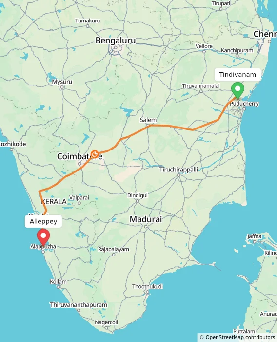 Route map showing distance and travel time from Tindivanam, India to Alappuzha, India