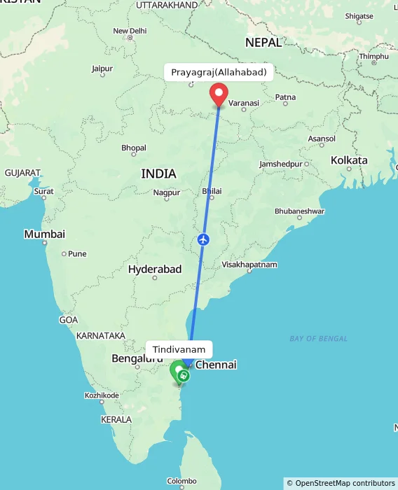 Route map showing distance and travel time from Tindivanam, India to Allahabad, India