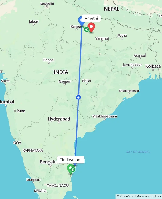 Route map showing distance and travel time from Tindivanam, India to Amethi, India