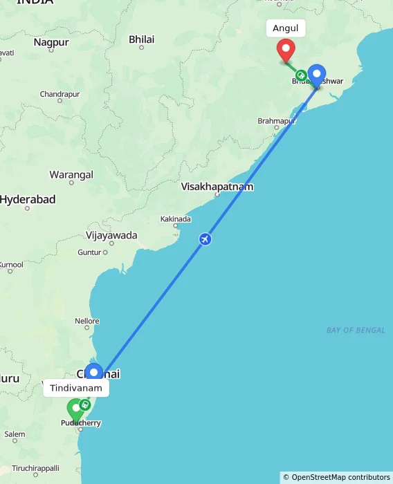 Route map showing distance and travel time from Tindivanam, India to Angul, India