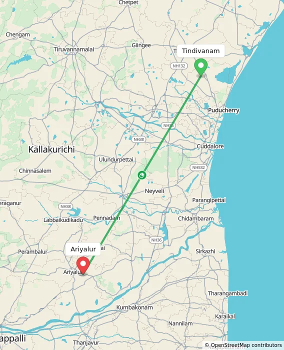 Route map showing distance and travel time from Tindivanam, India to Ariyalur, India