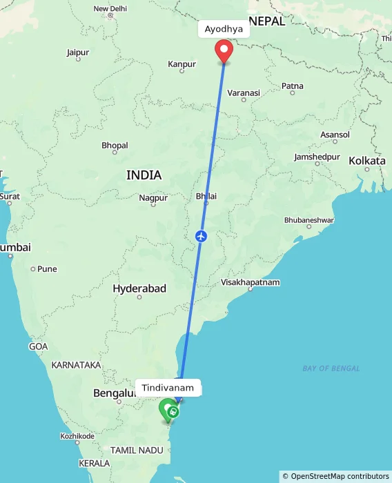 Route map showing distance and travel time from Tindivanam, India to Ayodhya, India