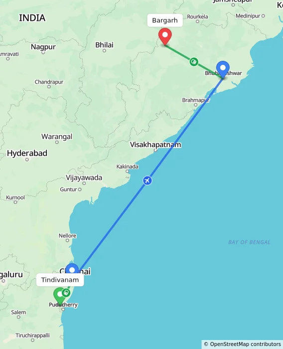 Route map showing distance and travel time from Tindivanam, India to Bargarh, India