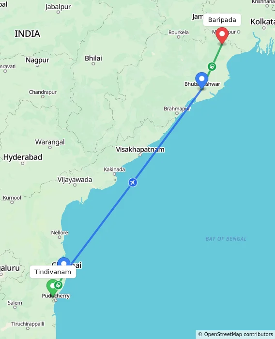 Route map showing distance and travel time from Tindivanam, India to Baripada, India