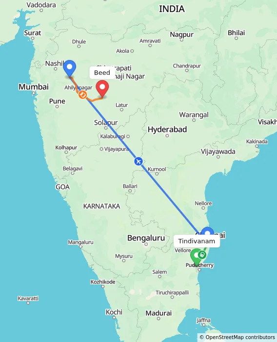 Route map showing distance and travel time from Tindivanam, India to Beed, India